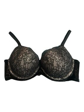Victoria's Secret Push-Up Bra 40C Black Floral Chantilly Lace Eyelash Trim